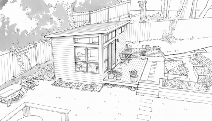 Architectural sketch of ADU accessory dwelling unit