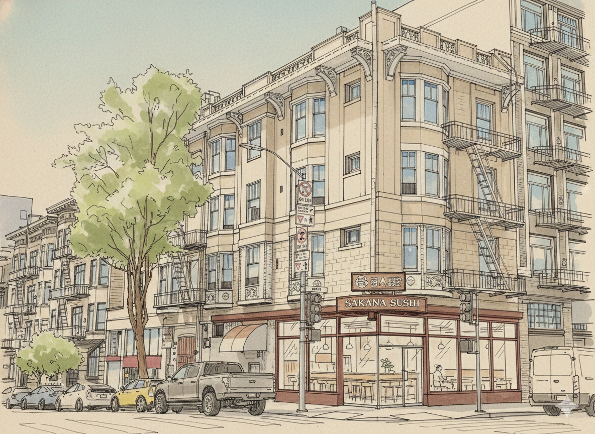 Architectural sketch of sushi restaurant conversion